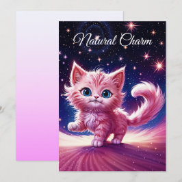 Roze pluizige schattige kat surrealistische blauwe kaart