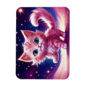 Roze pluizige schattige kat surrealistische blauwe magneet (Verticaal)