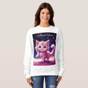 Roze pluizige schattige kat surrealistische blauwe trui