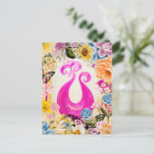 Roze Plum Peacock met kleurrijke bloemen Briefkaart (Staand voorkant)