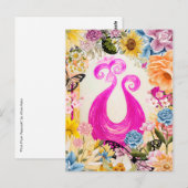 Roze Plum Peacock met kleurrijke bloemen Briefkaart (Voorkant / Achterkant)
