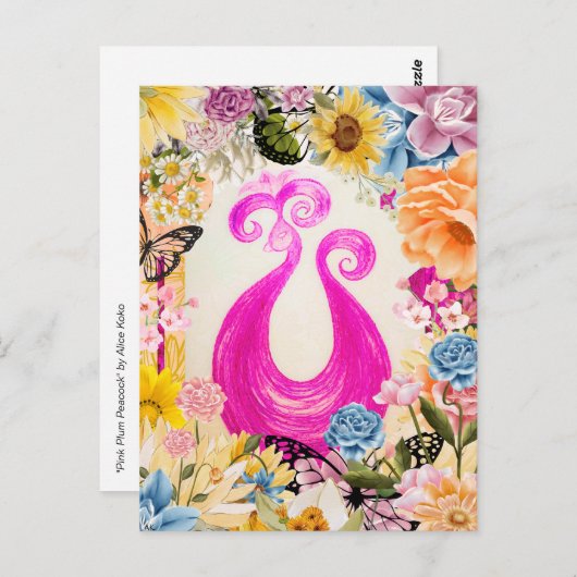 Roze Plum Peacock met kleurrijke bloemen Briefkaart (Voorkant / Achterkant)