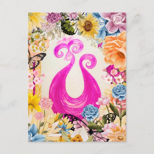 Roze Plum Peacock met kleurrijke bloemen Briefkaart (Voorkant)