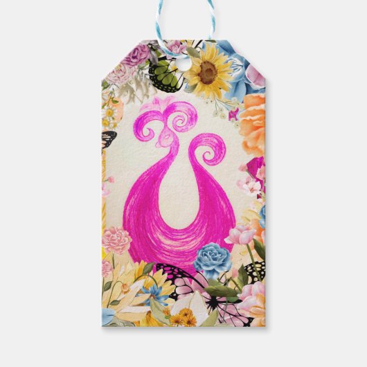 Roze Plum Peacock met kleurrijke bloemen Cadeaulabel (Voorkant)