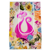 Roze Plum Peacock met kleurrijke bloemen Medium Cadeauzakje (Achterkant)