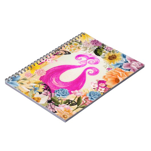 Roze Plum Peacock met kleurrijke bloemen Notitieboek (Linkerzijde)