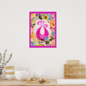Roze Plum Peacock met kleurrijke bloemen Poster (Keuken)