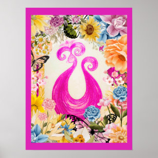 Roze Plum Peacock met kleurrijke bloemen Poster