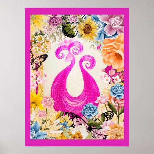 Roze Plum Peacock met kleurrijke bloemen Poster (Voorkant)
