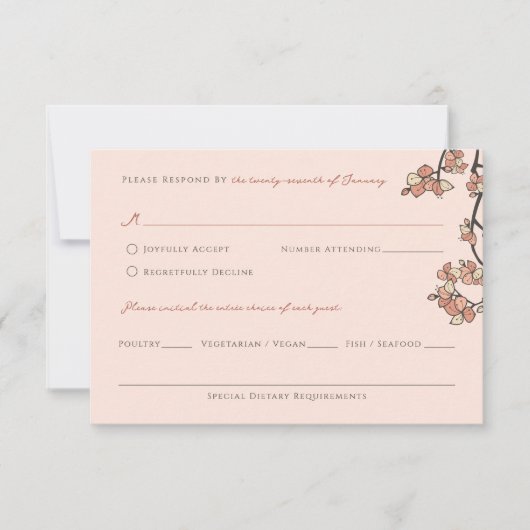 Roze Plum/Perzik Bloesems Elegante Bloemen Huwelij RSVP Kaartje (Voorkant)
