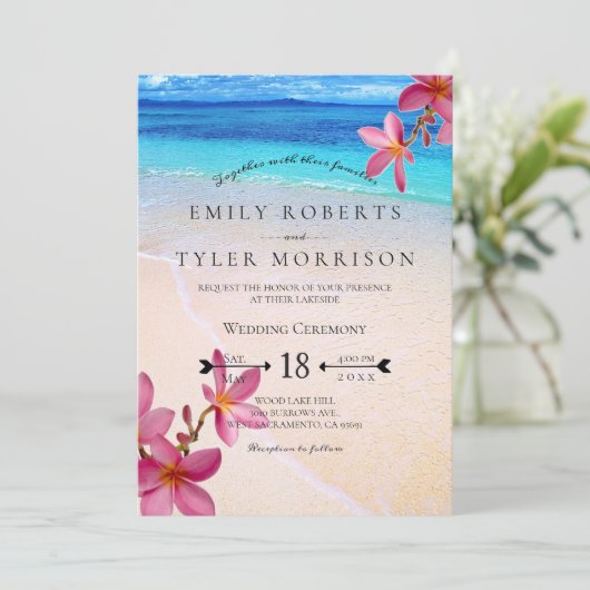Roze Plumeria Beach Bestemming Bruiloft © Kaart (Staand voorkant)