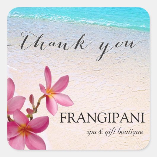 Roze Plumeria Beach Bruiloft of Business Custom Vierkante Sticker (Voorkant)
