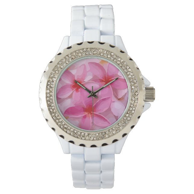 Roze Plumeria Bloem Patroon Horloge (Voorkant)