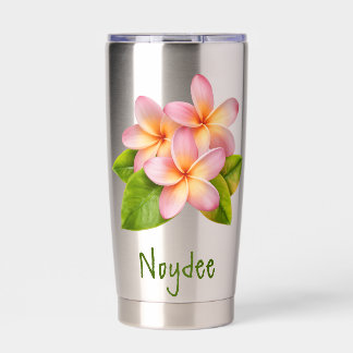 Roze Plumeria Frangipani, jouw naam groen, bloem Geïsoleerde Drinkbeker