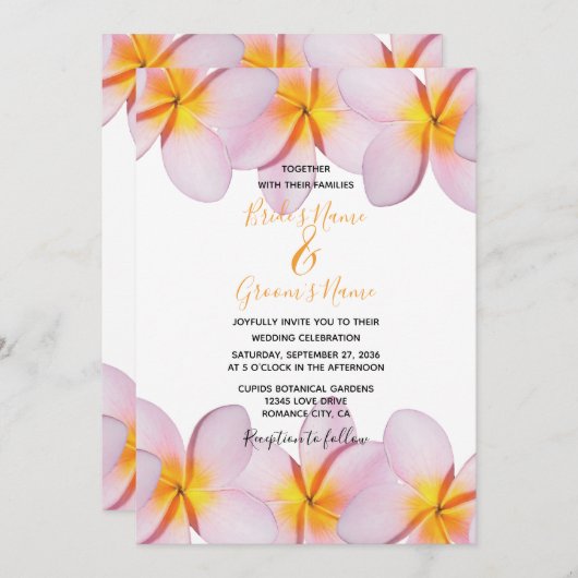 Roze Plumeria Frangipani Wedding Invitations Kaart (Voorkant / Achterkant)