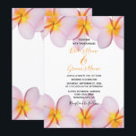 Roze Plumeria Frangipani Wedding Invitations Kaart<br><div class="desc">Dit ontwerp is voorzien van roze frangipani/plumeria bloemen. Een tropisch ontwerp dat elegant is omhuld met roze frangipani-bloemen en gecentreerd is. De namen van de bruid en de bruidegom worden benadrukt met een oranje kleur die wordt gekozen uit het midden van de bloem. De achterkant van het ontwerp bootst de...</div>
