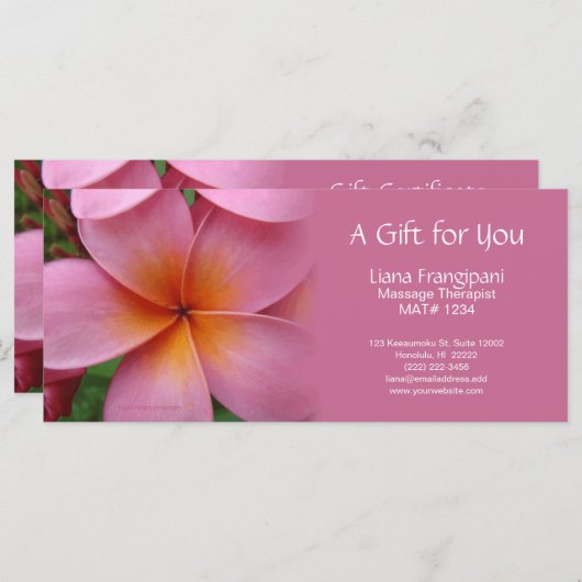 Roze Plumeria Massage of Spa Cadeaubonnen (Voorkant / Achterkant)