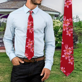 Roze Plumeria Rood Tropisch Bloemmotief Stropdas