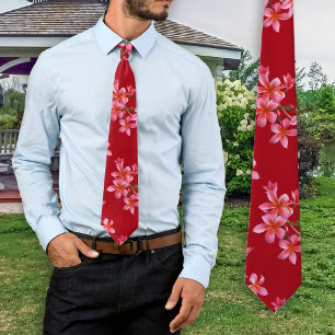 Roze Plumeria Rood Tropisch Bloemmotief Stropdas