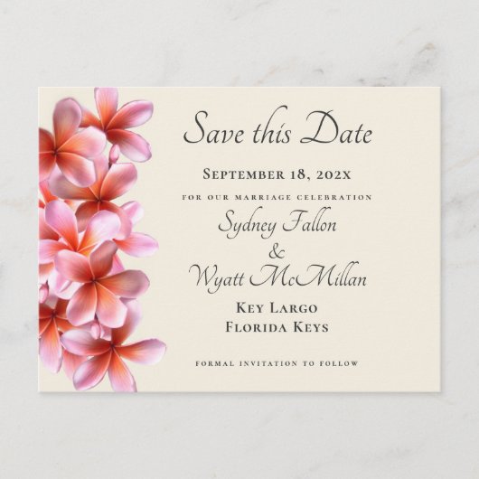 Roze Plumeria Save the Date aangepaste briefkaart (Voorkant)