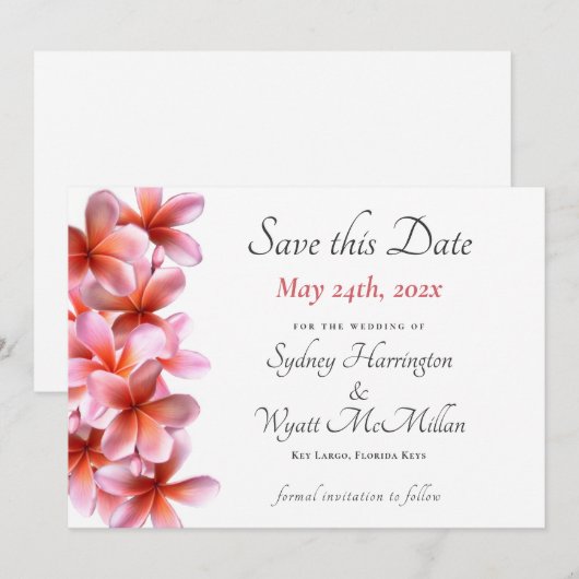 Roze Plumeria Wedding Save-the-Date White Aankondiging (Voorkant / Achterkant)
