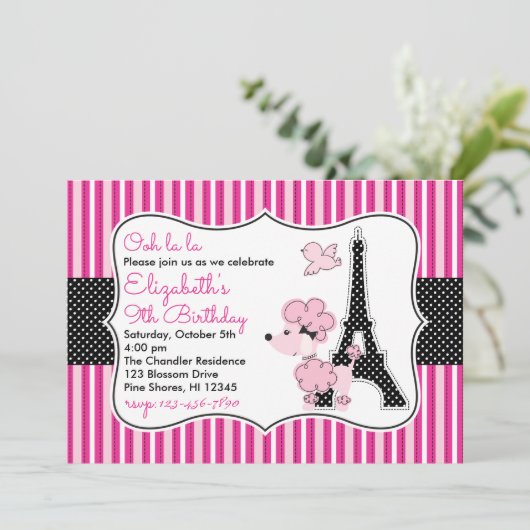 Roze Poedel in Parijs Verjaardag Uitnodigingen (Staand voorkant)