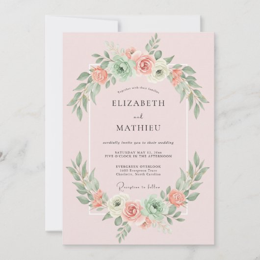 Roze Poeder Succulente Eucalyptus Bruiloft Kaart (Voorkant)