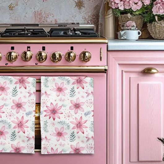 Roze Poinsetas Kerstbomen Keukenhanddoek