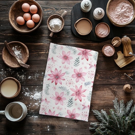 Roze Poinsetas Kerstbomen Keukenhanddoek