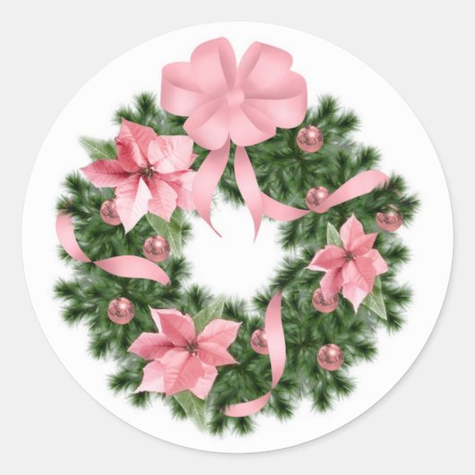 Roze Poinsetta krans Ronde Sticker (Voorkant)