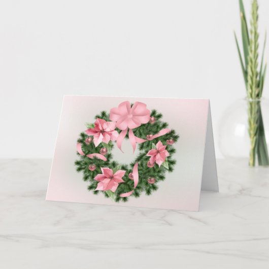 Roze Poinsetta Wreath Holiday Kaart (Voorkant)