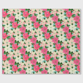 Roze Poinsettia Blauwgroen kerst Cadeaupapier (Vlak)