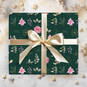 Roze Poinsettia Bloemen en Bladeren op Donkergroen Cadeaupapier