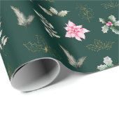 Roze Poinsettia Bloemen en Bladgroen op Donkergroe Cadeaupapier (Rol Hoek)