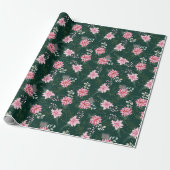 Roze Poinsettia Bloemen op Donkergroen Cadeaupapier (Uitgerold)
