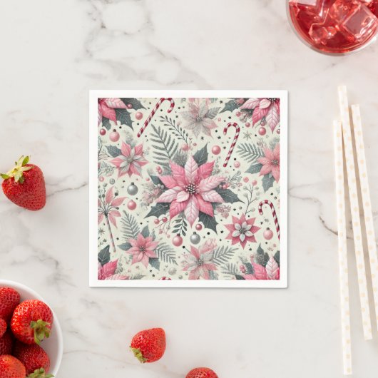 Roze Poinsettia & Candy Canes Decoupage Servetten (Insitu)