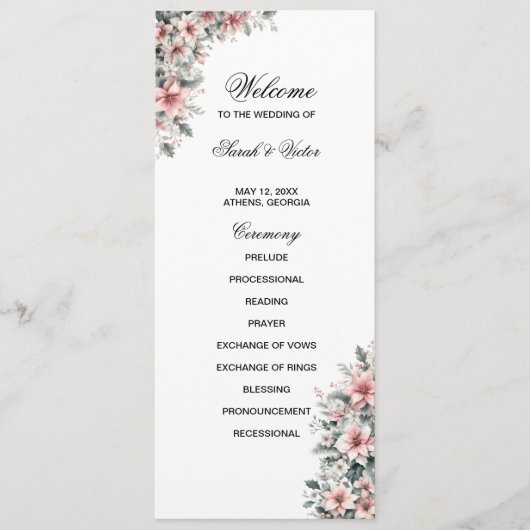 Roze Poinsettia dubbele zijprogrammakaart Programmakaart (Voorkant)