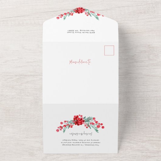 Roze Poinsettia & Holly 2-foto All In One Uitnodiging (Buitenkant)