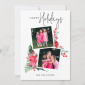  Roze Poinsettia & Holly 2-foto Feestdagenkaart (Voorkant)