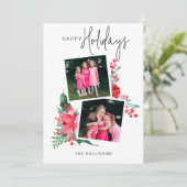  Roze Poinsettia & Holly 2-foto Feestdagenkaart (Staand voorkant)