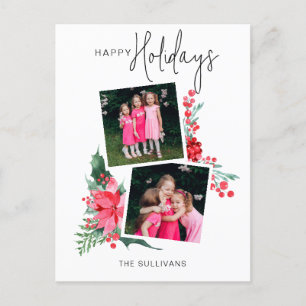 Roze Poinsettia & Holly 2-foto Feestdagenkaart