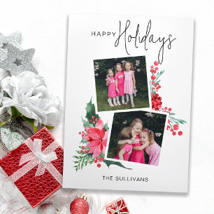 Roze Poinsettia & Holly 2-foto Feestdagenkaart