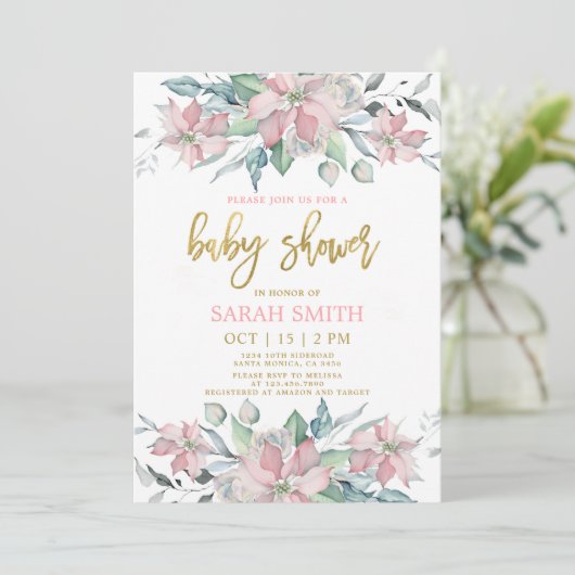 Roze poinsettia kerst Baby shower meisje Kaart (Staand voorkant)