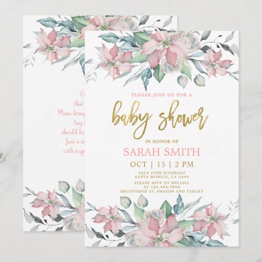 Roze poinsettia kerst Baby shower meisje Kaart (Voorkant / Achterkant)