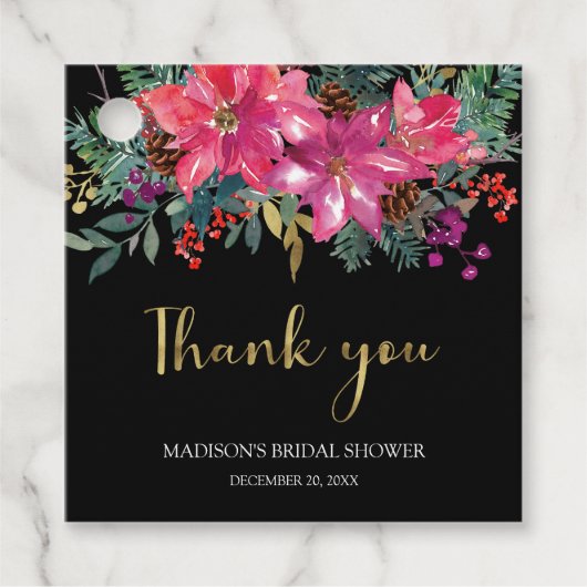 Roze Poinsettia Kerst Bruids Borrel Bedankjes Labels (Voorkant)