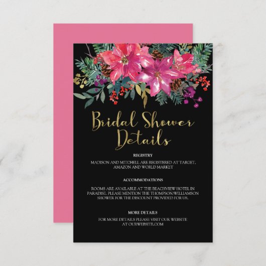 Roze Poinsettia Kerst Bruidsmeisjesborrel Informatiekaartje (Voorkant / Achterkant)