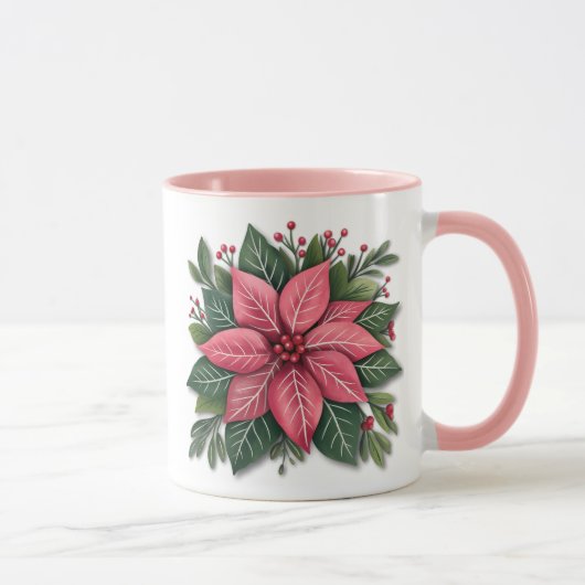 Roze Poinsettia Kerst Mok met Feestelijk Foliage (Rechts)