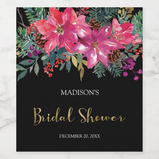 Roze Poinsettia Kerst Vrijgezellenfeest Wijn Etiket (Enkel label)