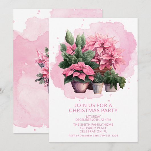 Roze Poinsettia Kerstfeest uitnodiging (Voorkant / Achterkant)