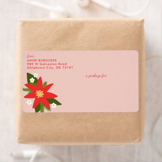Roze Poinsettia Kerstvakantie Verzendlabel (Insitu)